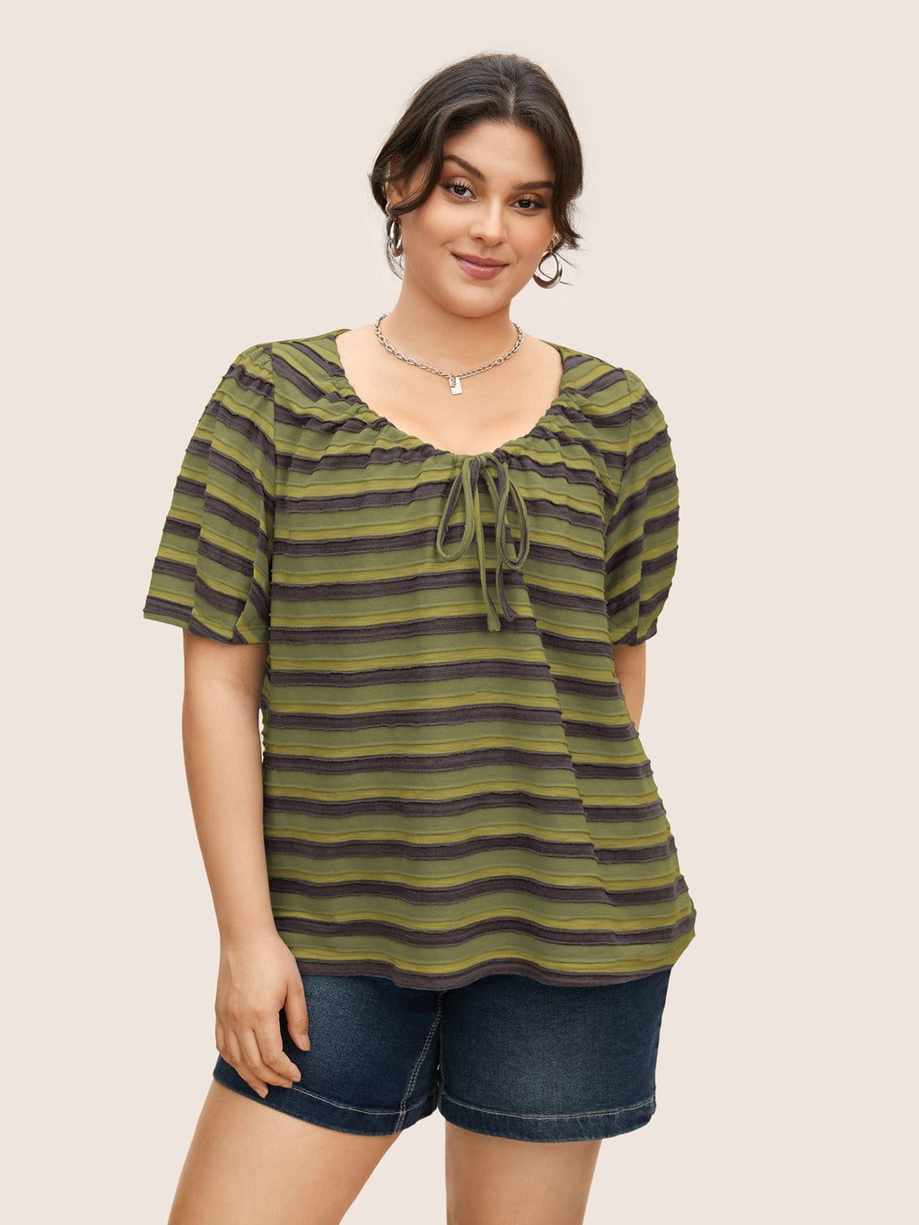 V Neck Textured Striped Tie Knot T-shirt