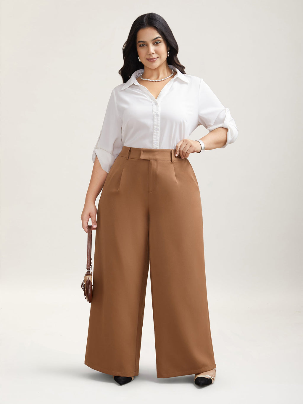 Stretchy Waist Pleated Wide-Leg Pants