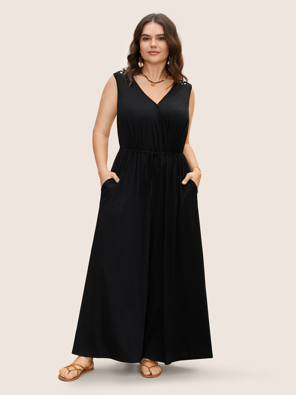 V Neck Crocheted Cut Out Jumpsuit