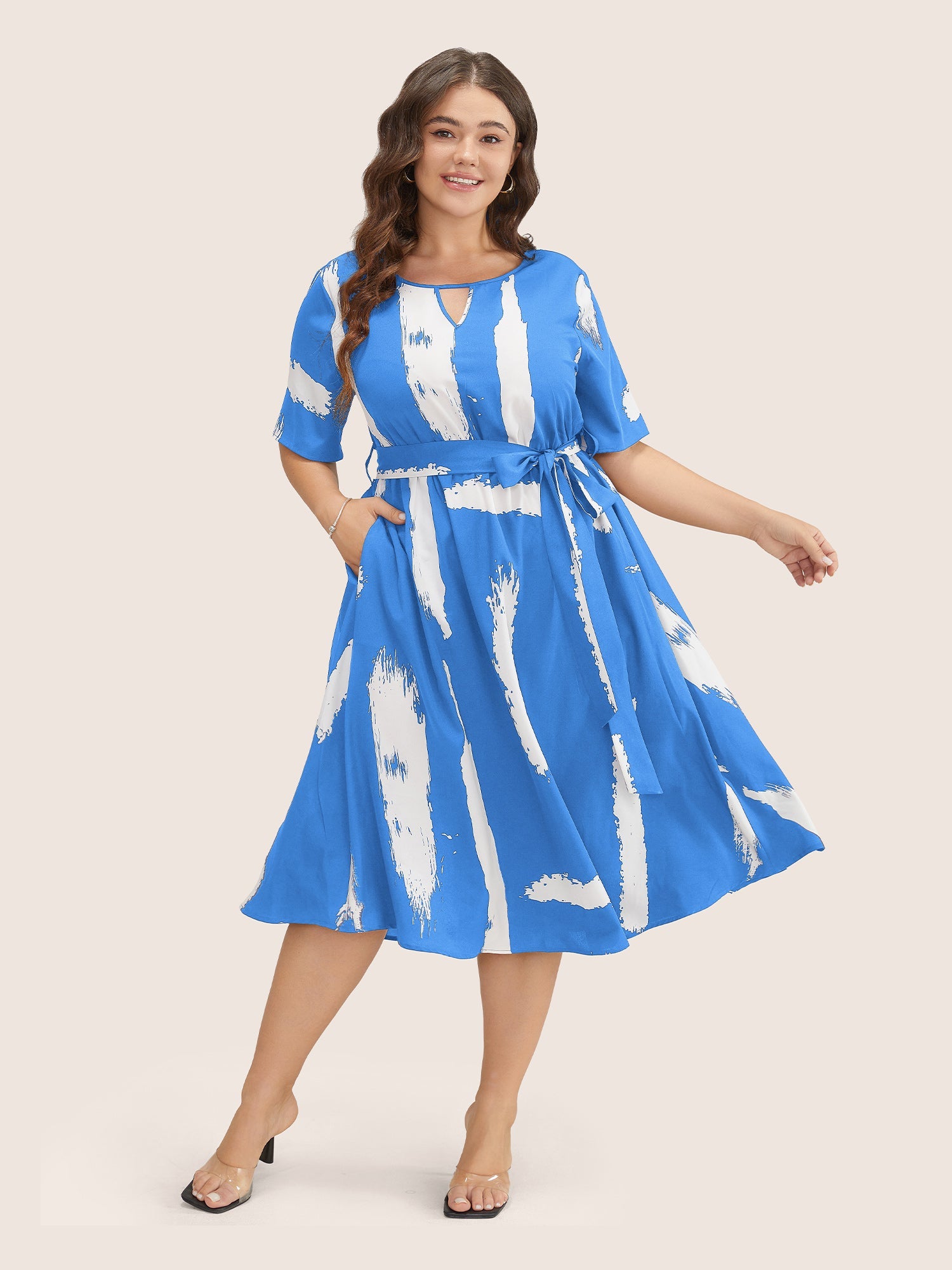 Brush Print Keyhole Belted Pocket Flutter Dress