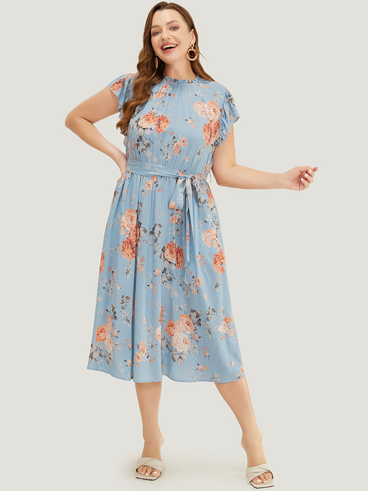 Floral Frill Trim Mock Neck Pocket Ruffle Belted Cap Sleeve Dress