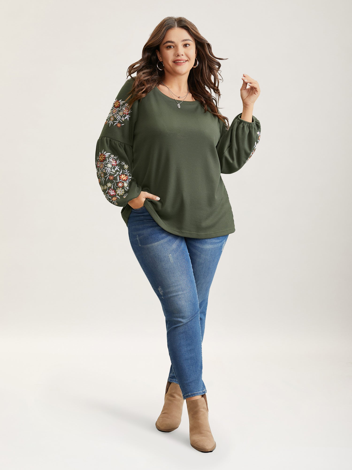 Waffle Knit Floral Embroidered Lantern Sleeve T-shirt