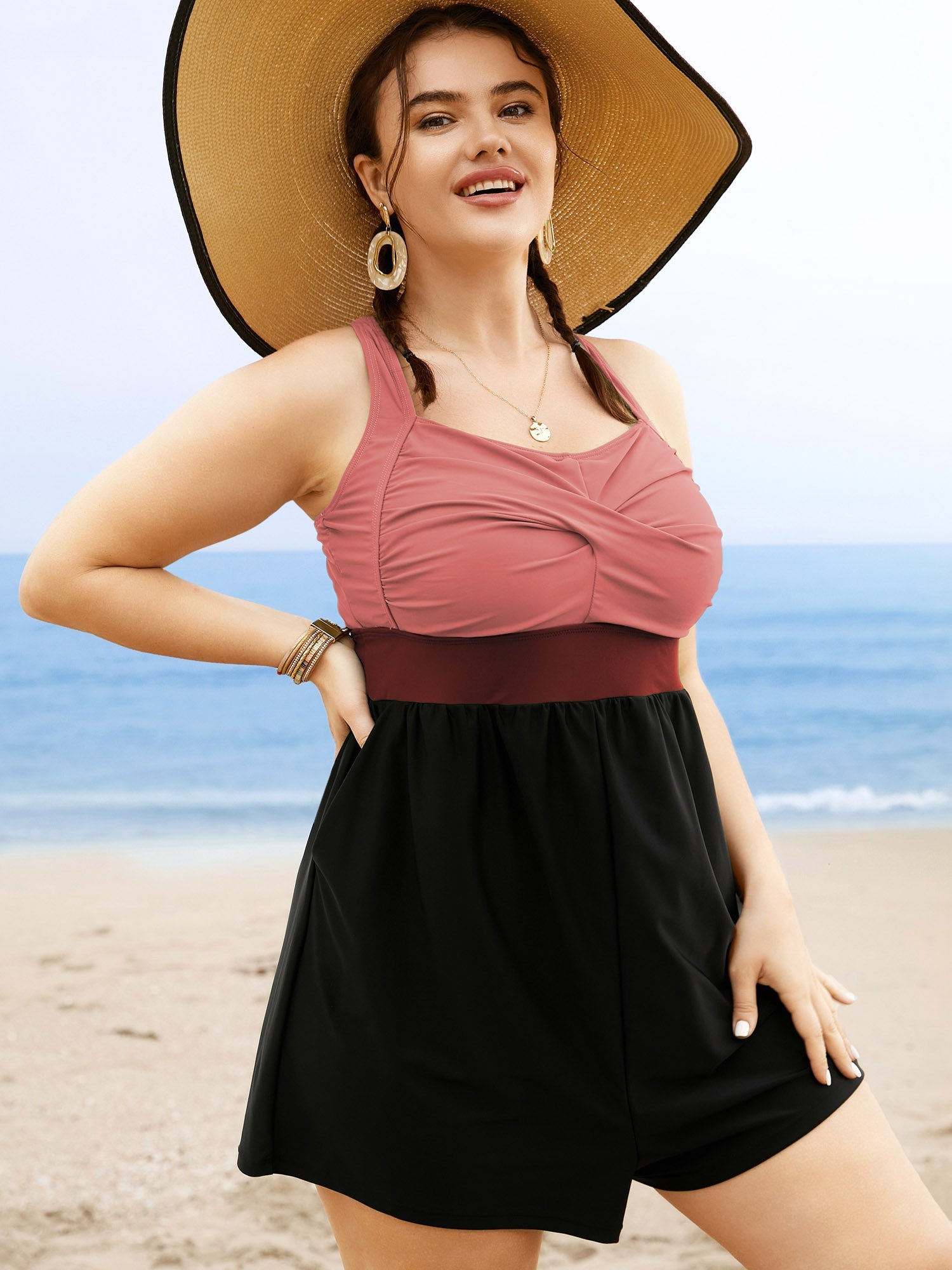 Patchwork Contrast Crossover One Piece Swimsuit
