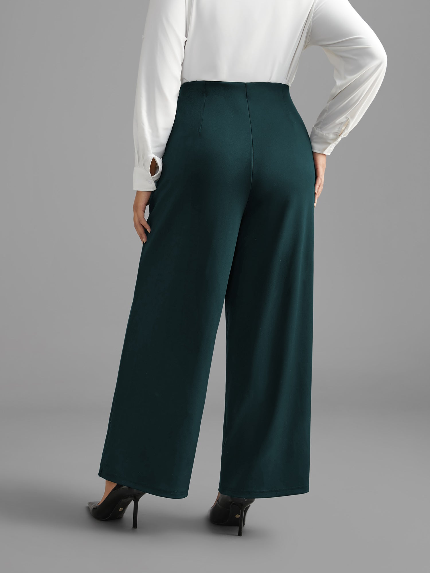 Solid Elastic Waist Pleated Wide Leg Pants