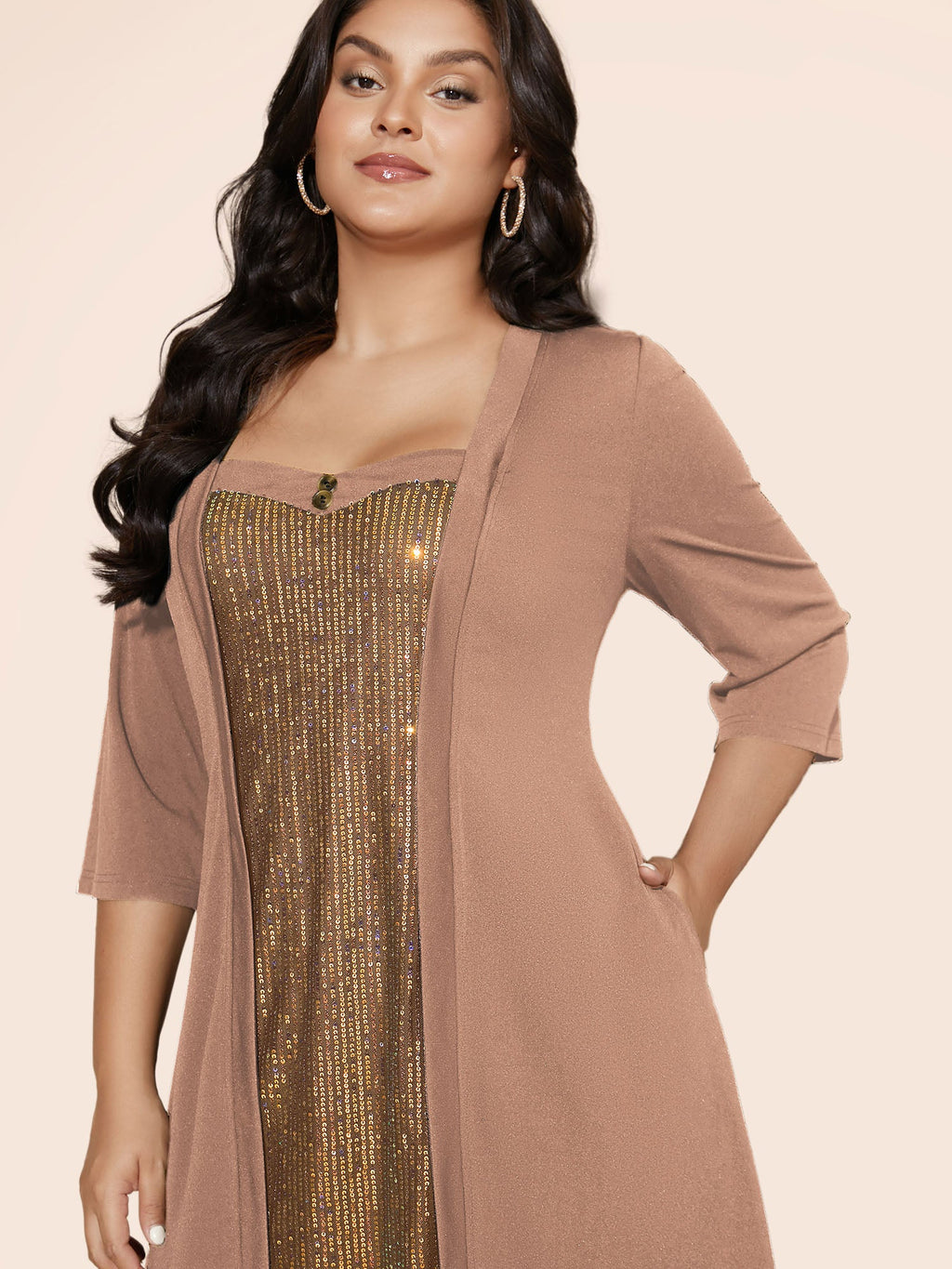 Heart Neckline Patchwork Sequin Button Detail Dress