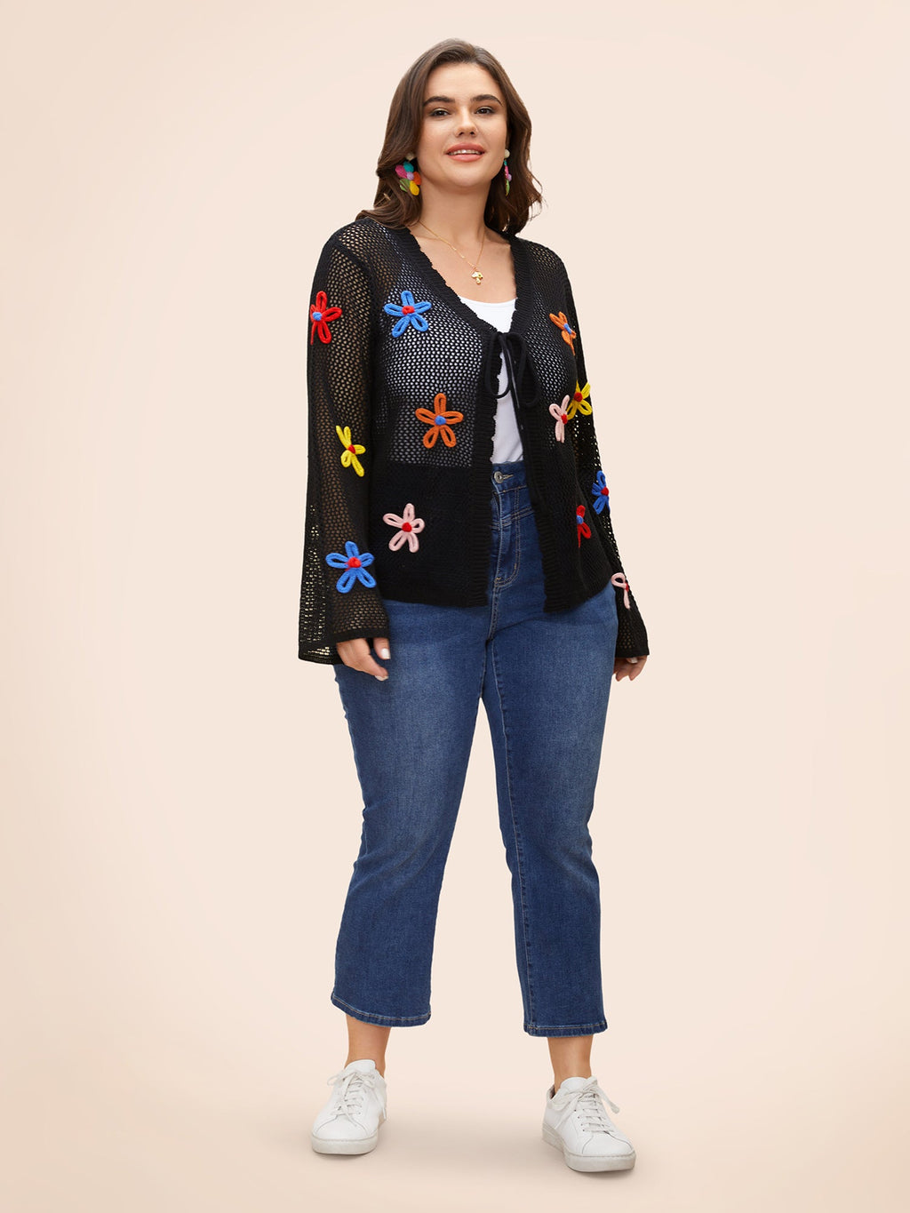 Knit Floral Front Tie Cardigan