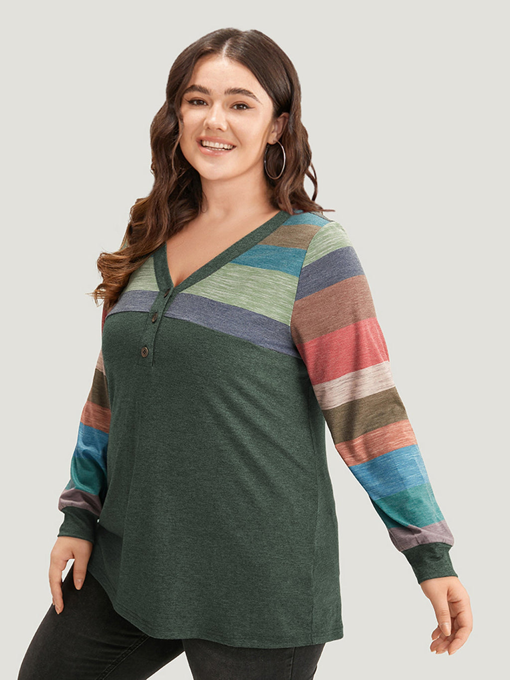 Colorblock Contrast V Neck Button Up T-shirt