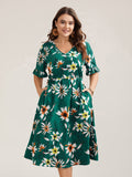 Spring Floral Print Pockets Ruffled Midi Dress