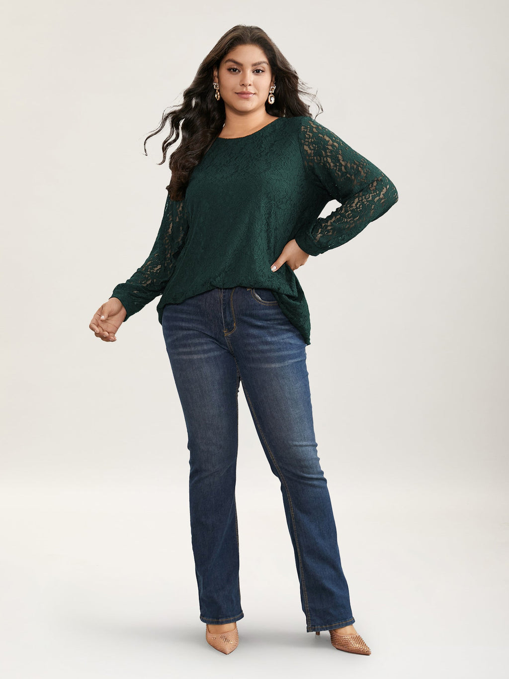 Solid Crochet Lace Mesh Crew Neck Blouse