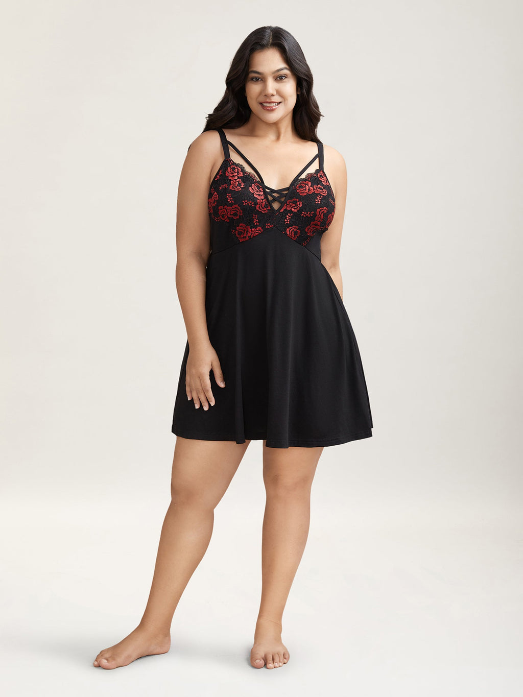 Floral Lace Spliced Neck Tie Sleep Dress