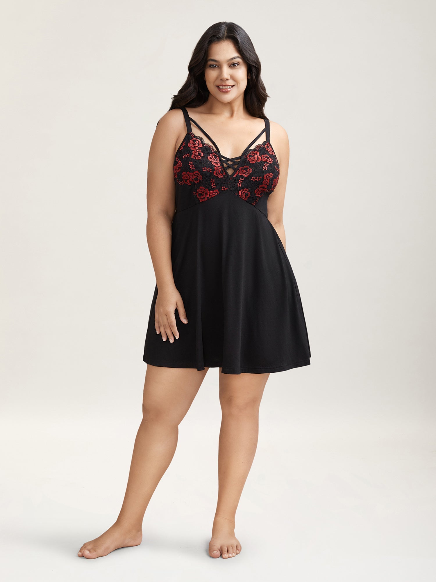 Floral Lace Spliced Neck Tie Sleep Dress