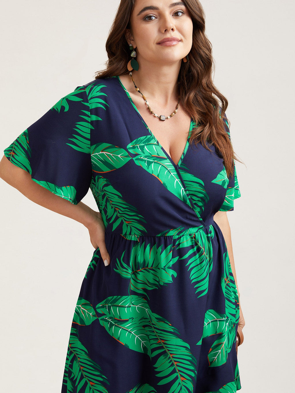 Tropical Leaf Print Surplice Neck Midi Dress