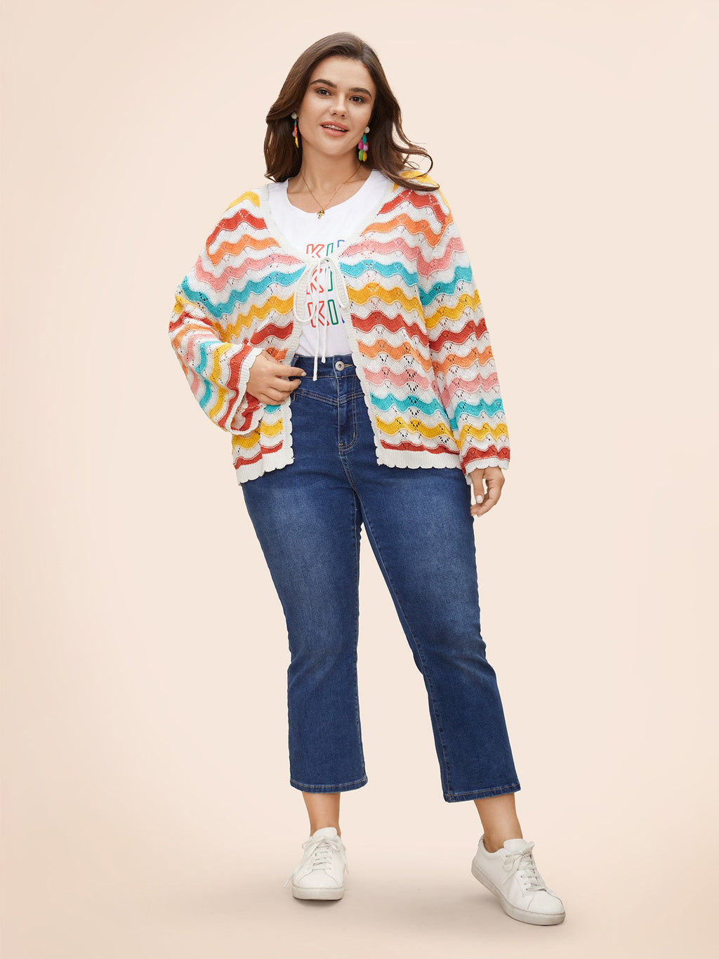 Cotton Rainbow Perforated Front Tie Cardigan