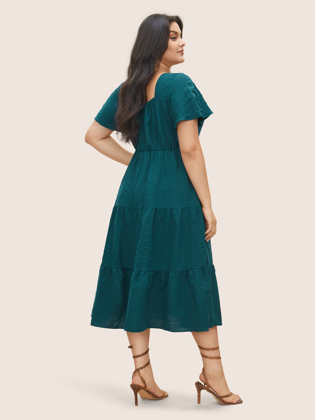 Plain Ruched Drawstring Pocket Ruffle Tiered Dress