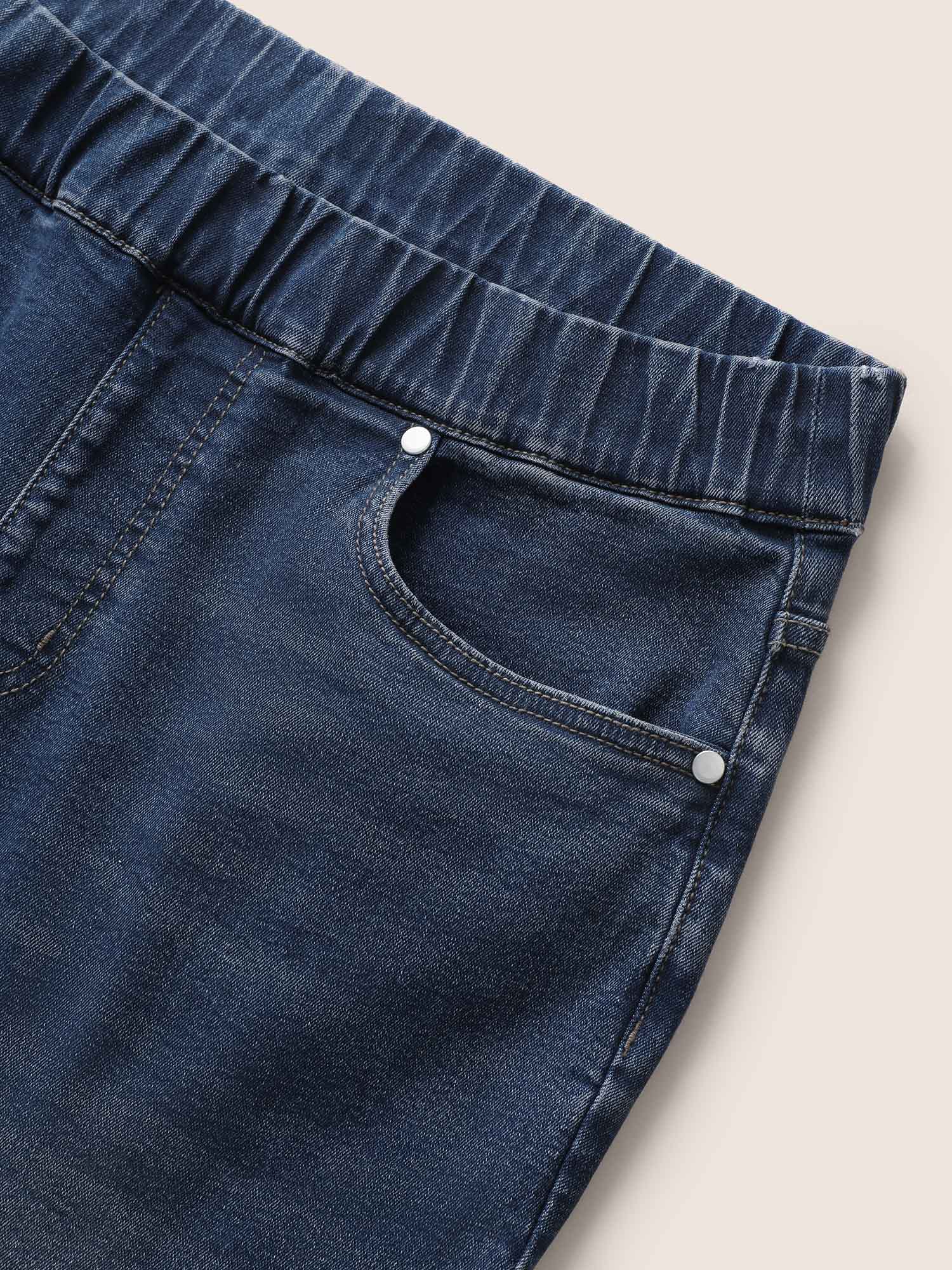 Roll Hem Elastic Waist Dark Wash Denim Shorts