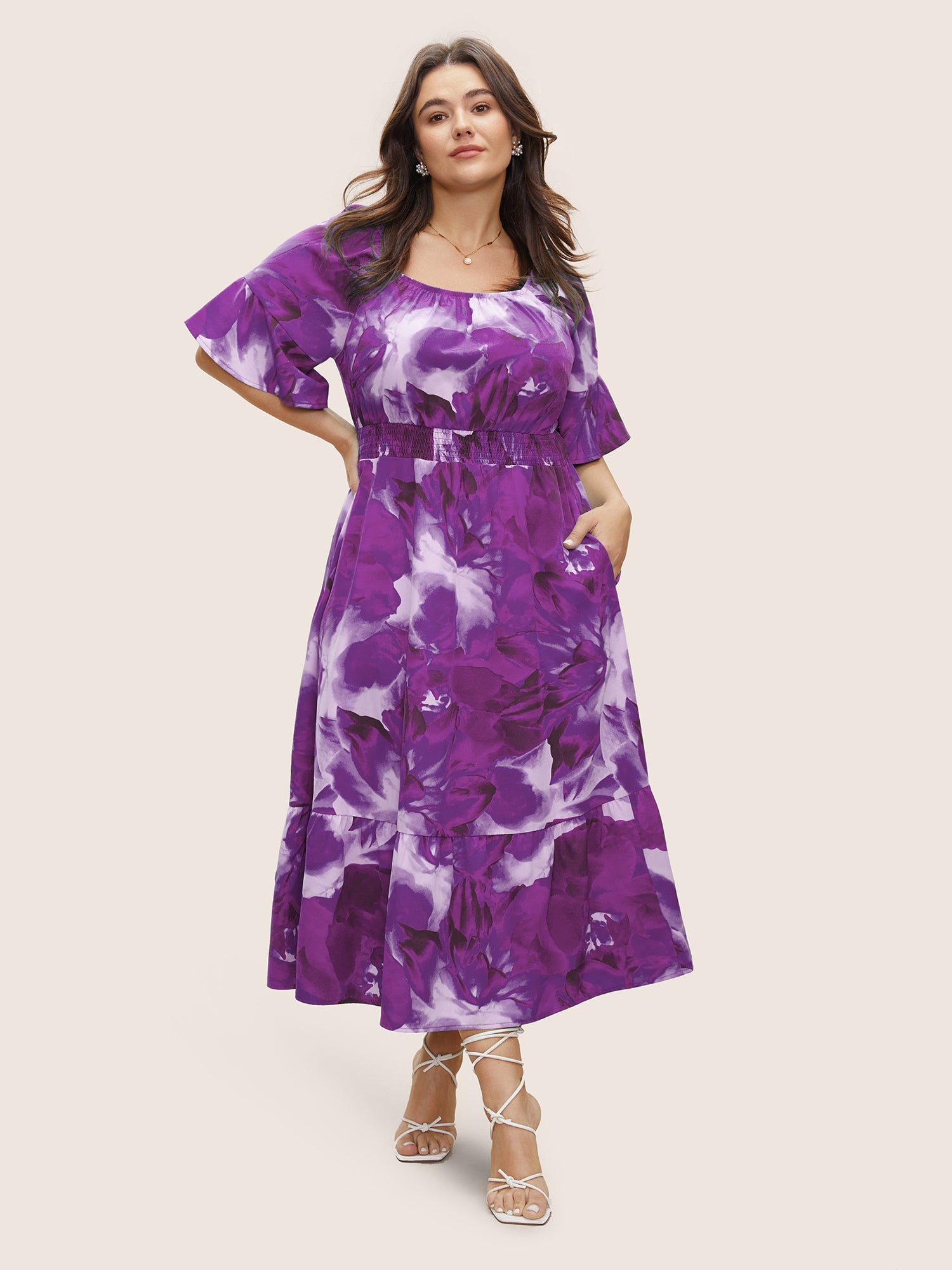 Square Neck Floral Shirred Ruffle Sleeve Dress