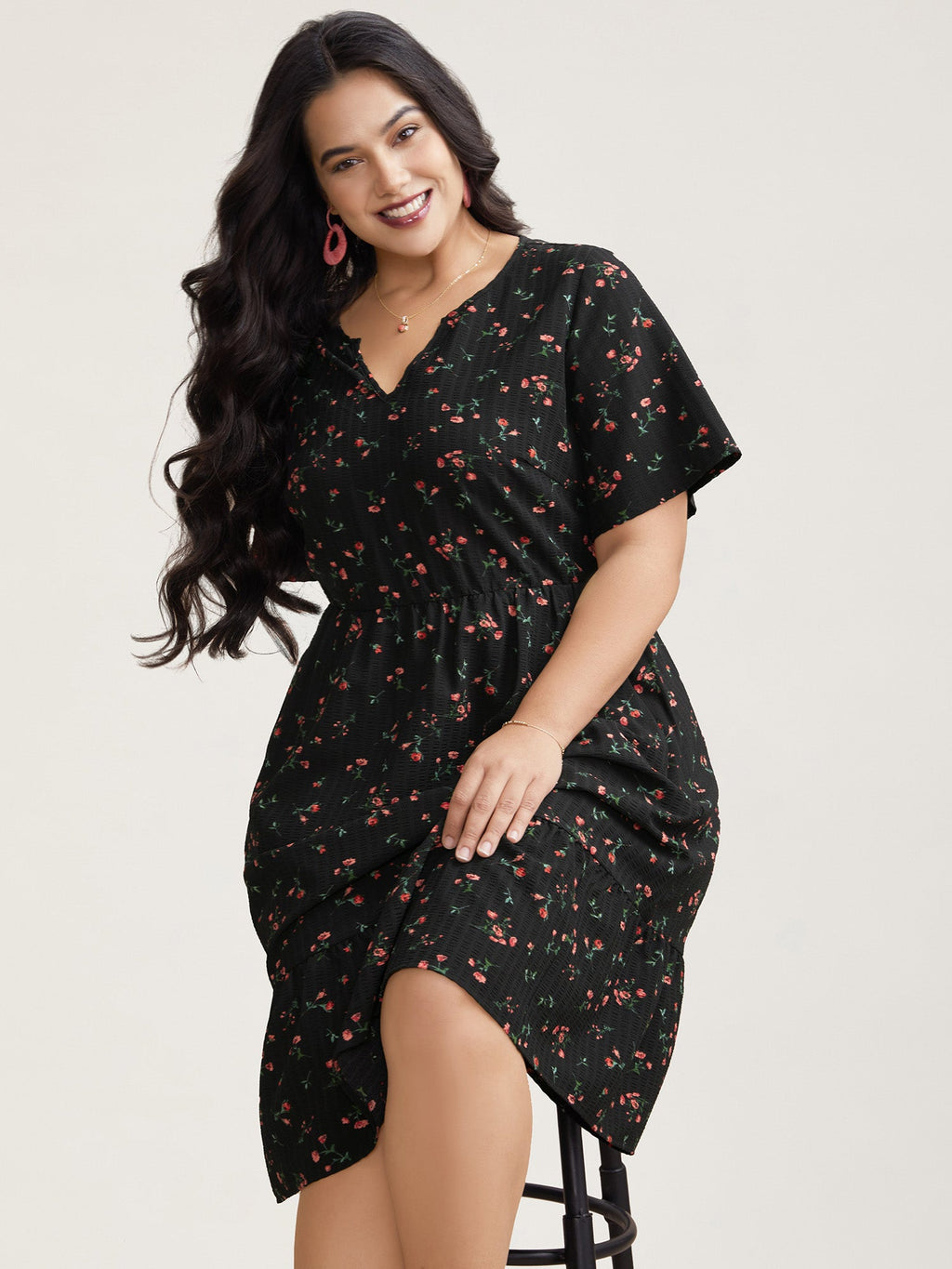 Floral Flared Sleeve Tiered Midi Dress