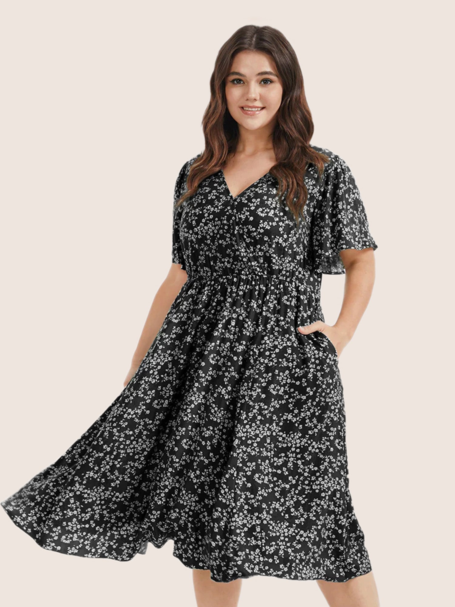 Bloom Dress - Ditsy Floral Elastic Waist Ruffles Pocket Knee Dress