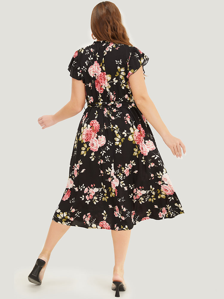 Floral Frill Trim Mock Neck Pocket Ruffle Belted Cap Sleeve Dress