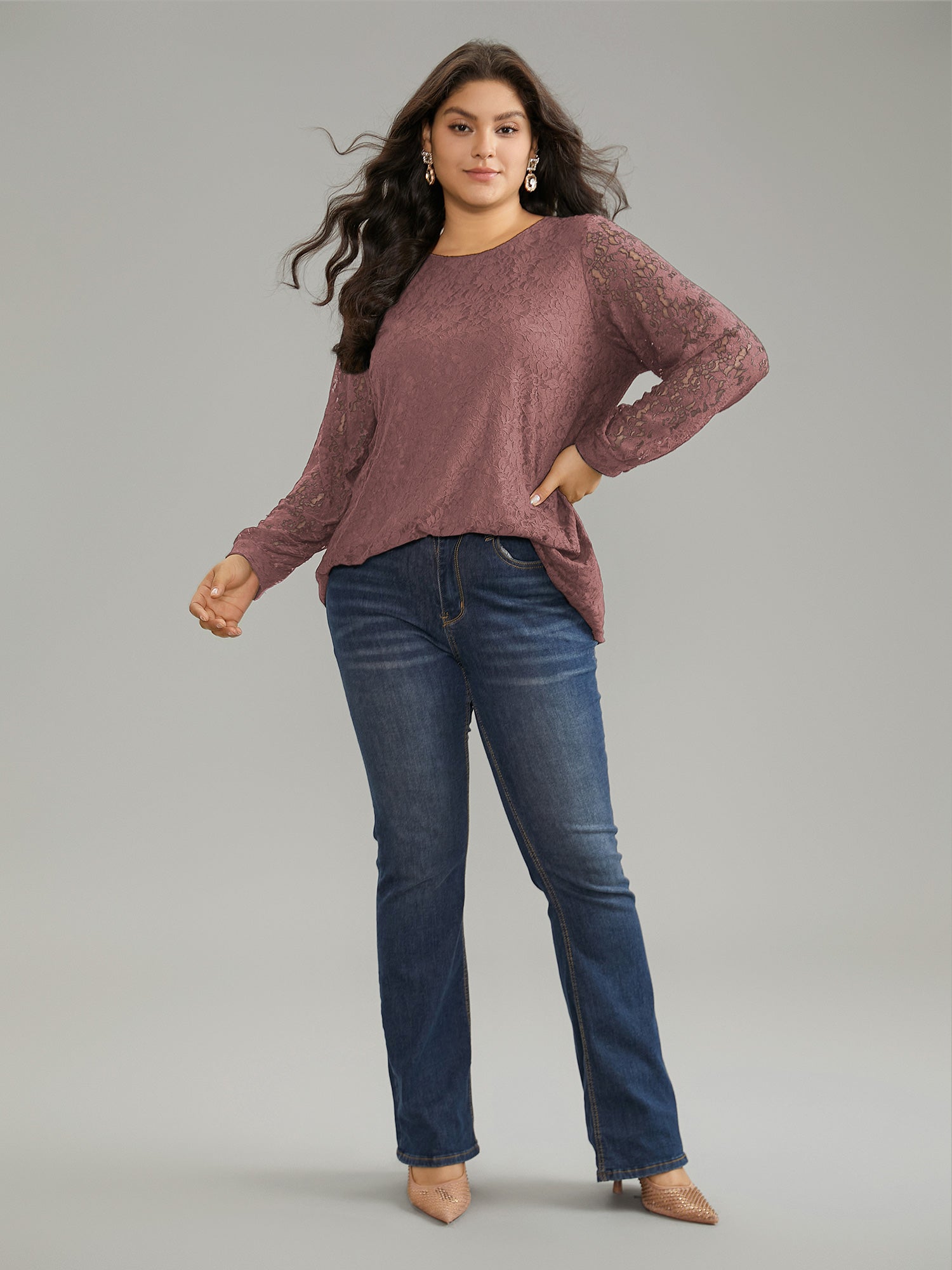 Solid Crochet Lace Mesh Crew Neck Blouse