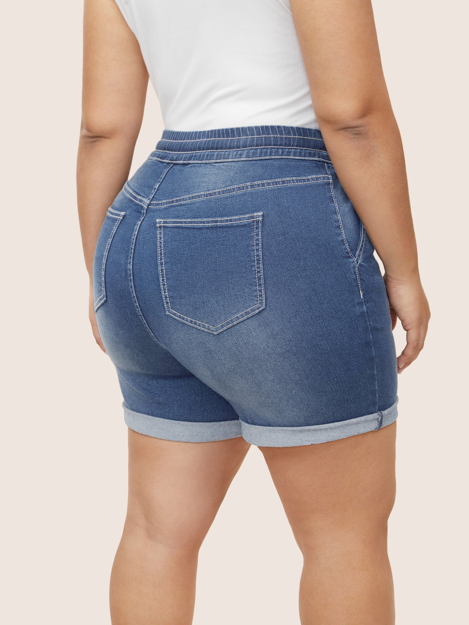Roll Hem Elastic Waist Drawstring Denim Shorts