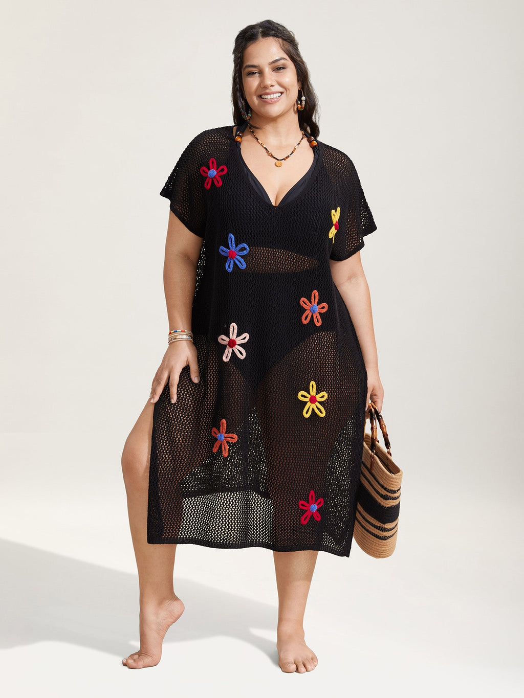 Stereo Flower Design Slit Hem Swim Cover Up