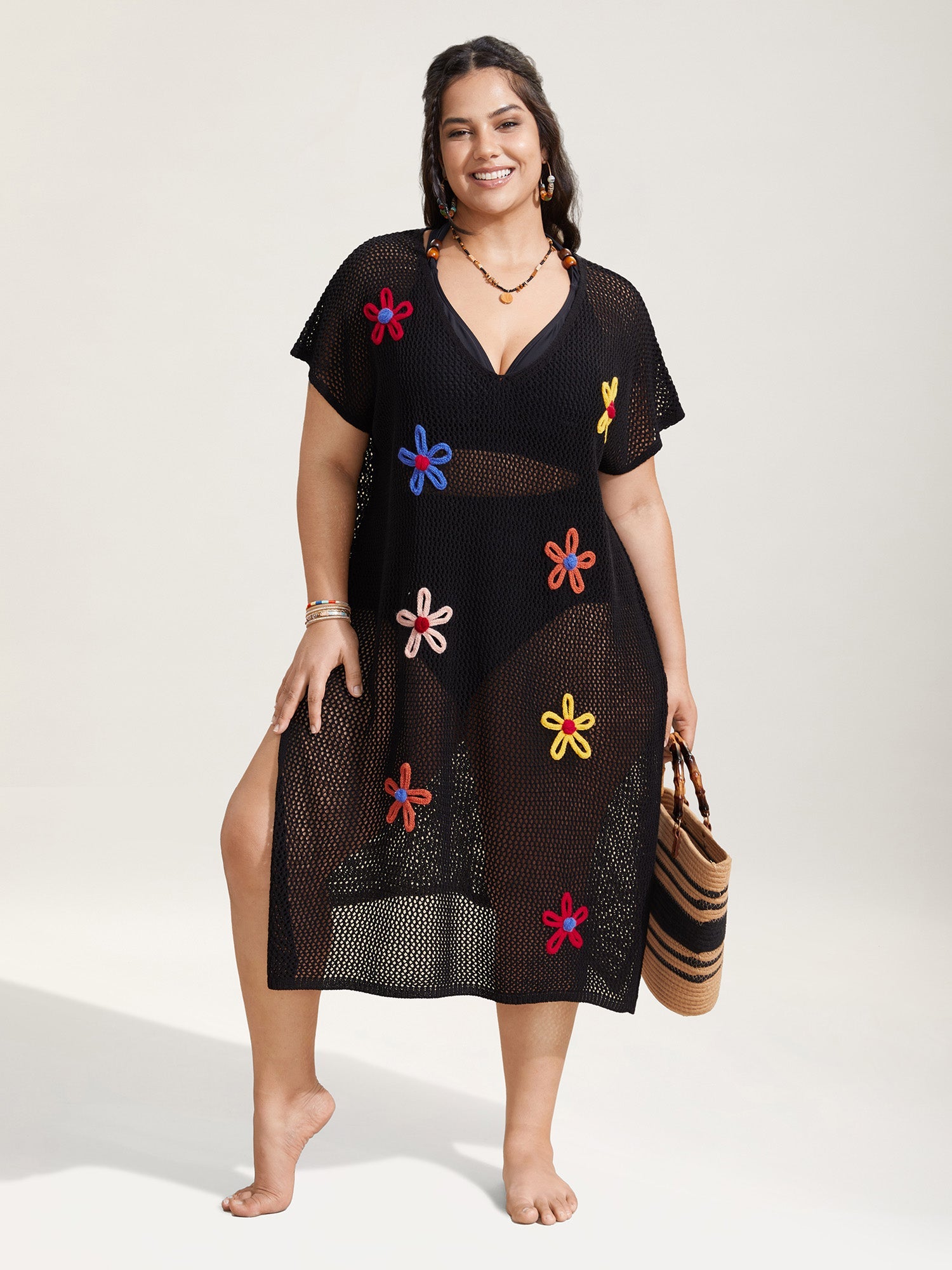 Stereo Flower Design Slit Hem Swim Cover Up