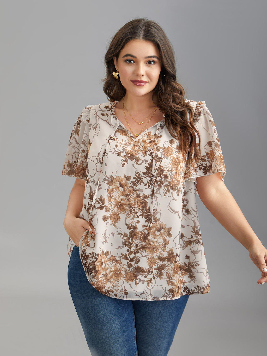 Floral Print Ruffle Neck Shirt