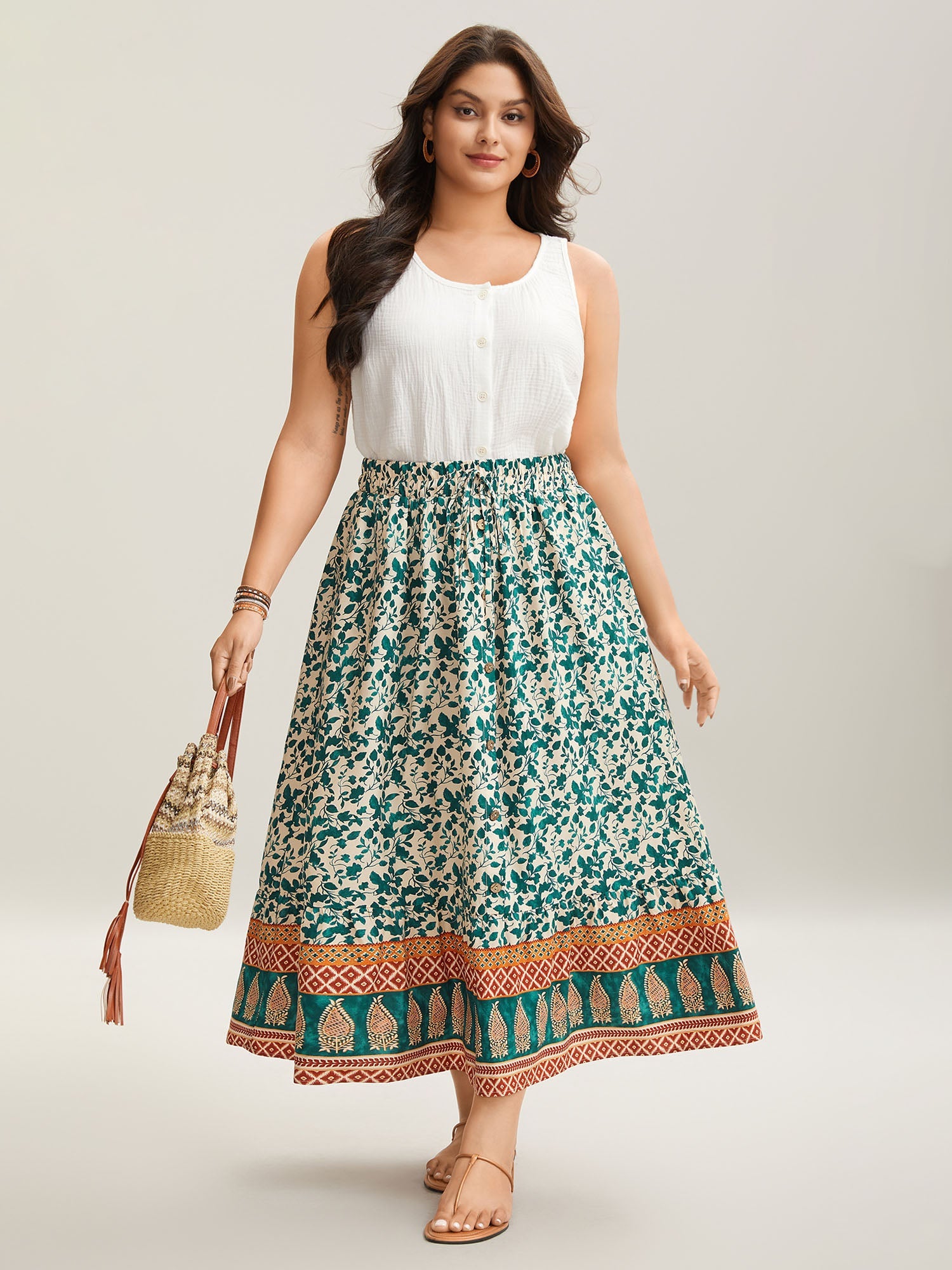 Stretchy Waist Boho Print Tied Midi Skirt