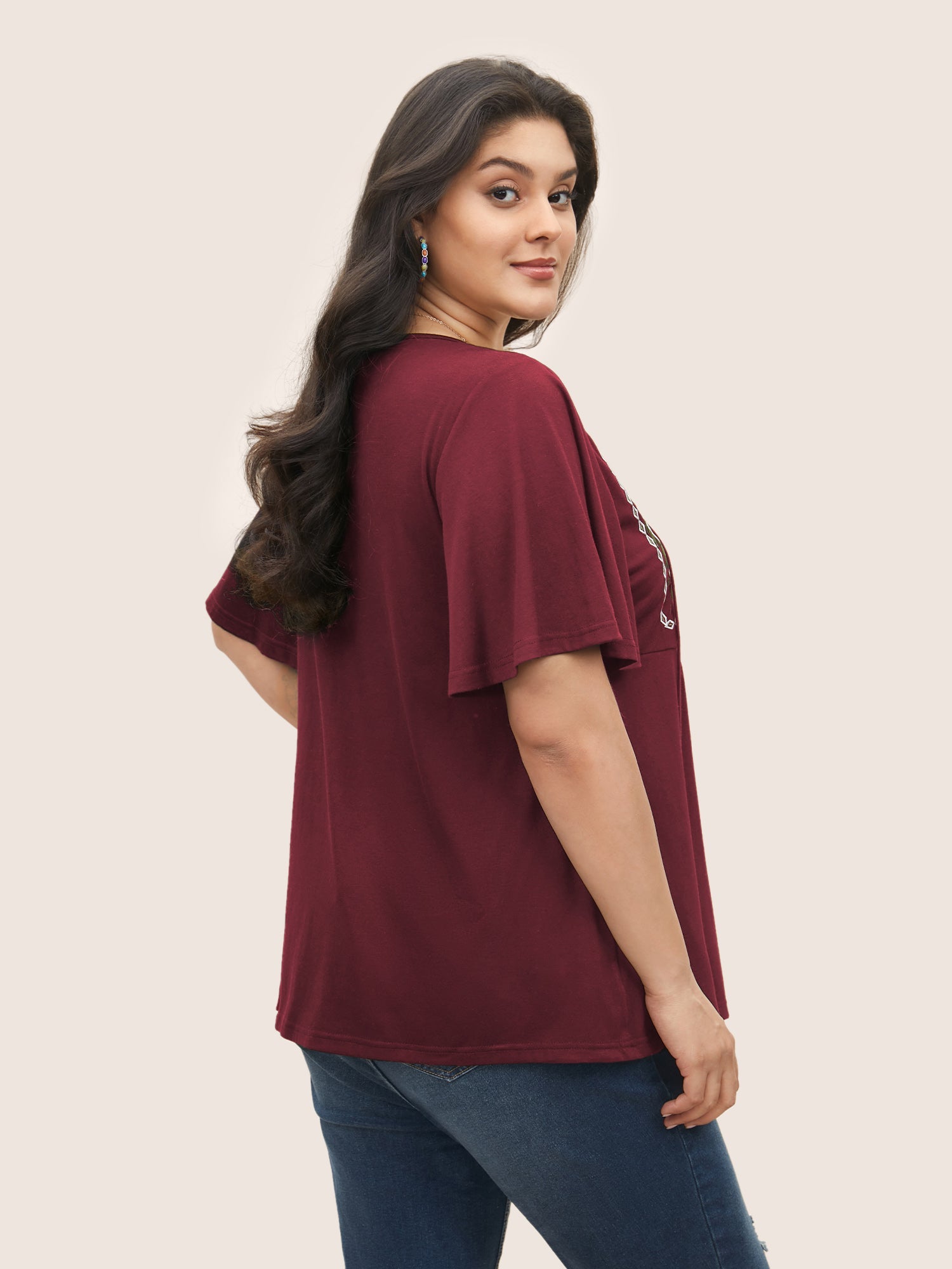 Floral Embroidered Tie Knot Gathered T-shirt