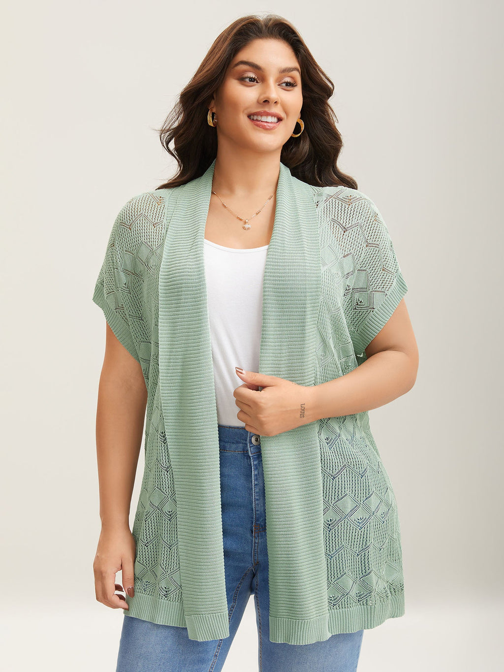 Eyelet Trim Folded Collar Knit Cardigan