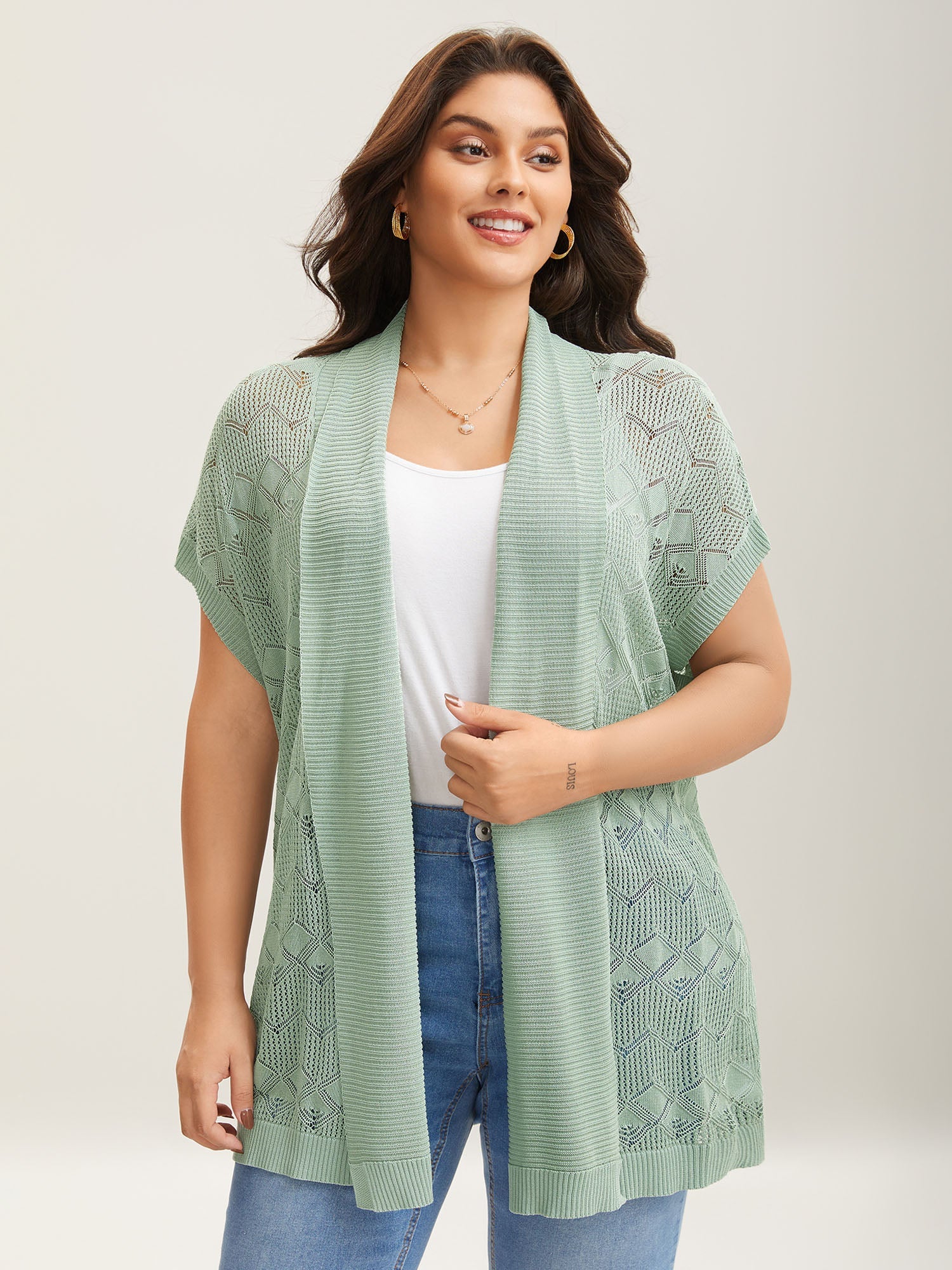Eyelet Trim Folded Collar Knit Cardigan