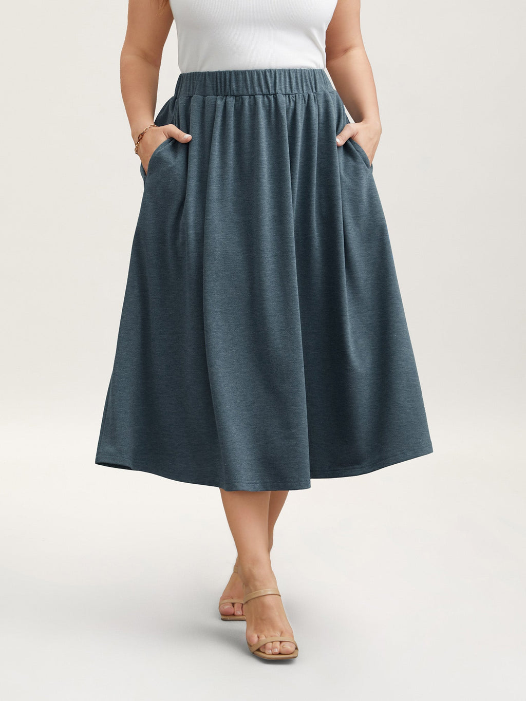 Heather Stretchy-Waist Pleated Midi Skirt