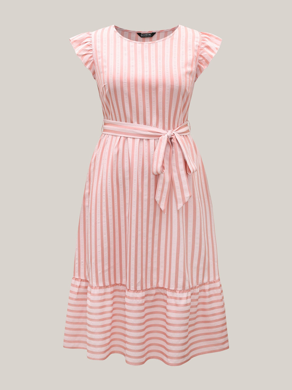 Pastel Stripes Belted Pockets Midi Dress