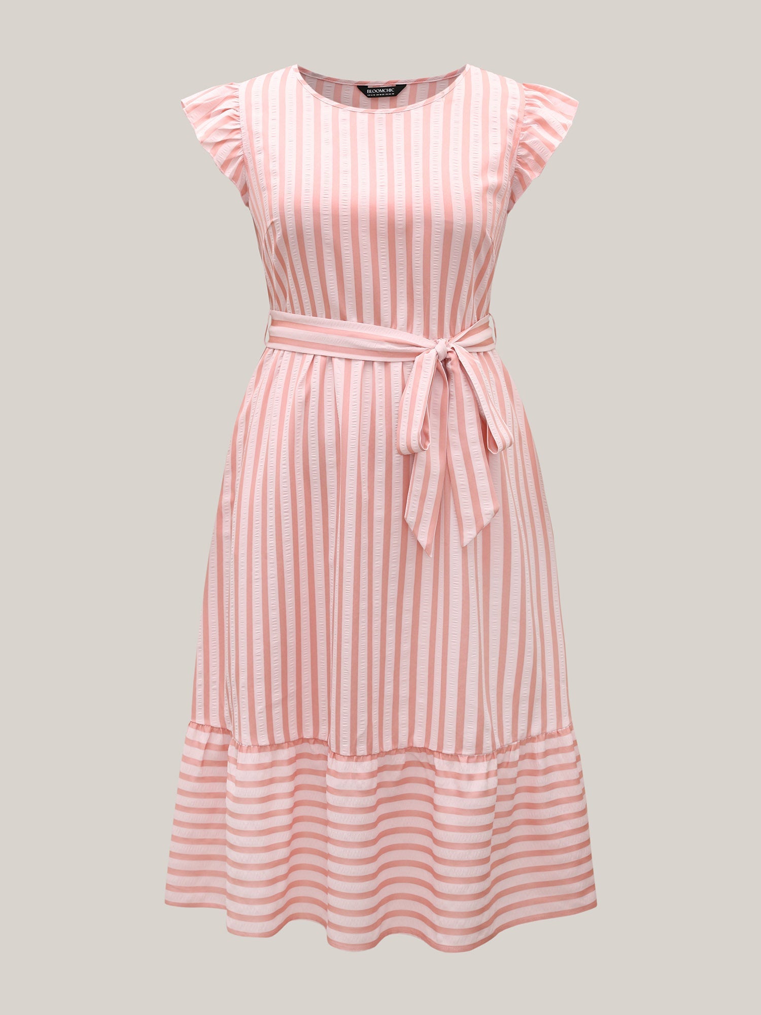 Pastel Stripes Belted Pockets Midi Dress