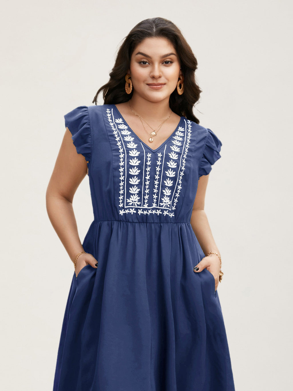 Floral Embroidered V Neck Ruffle Cap Sleeve Dress