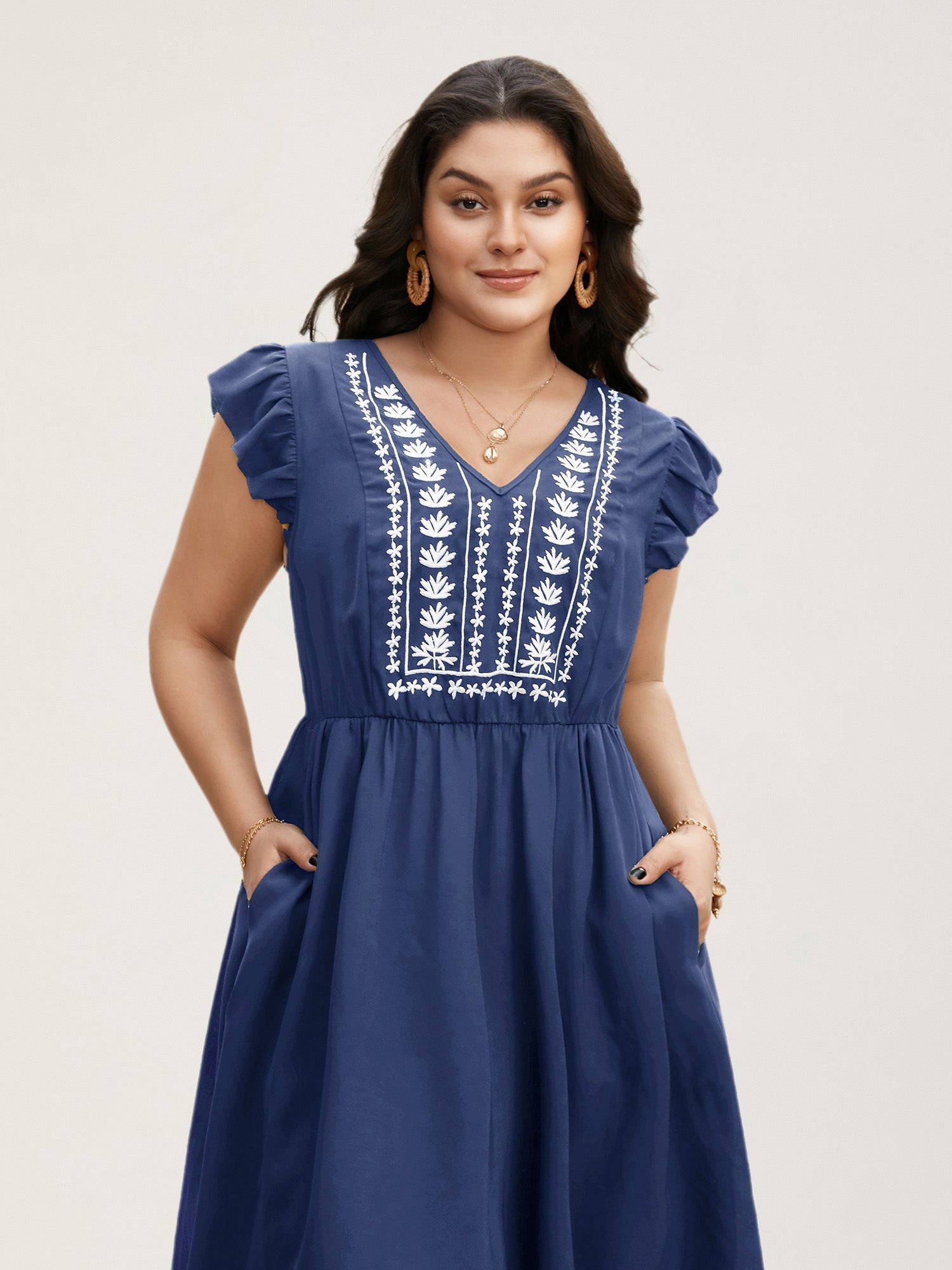 Floral Embroidered V Neck Ruffle Cap Sleeve Dress