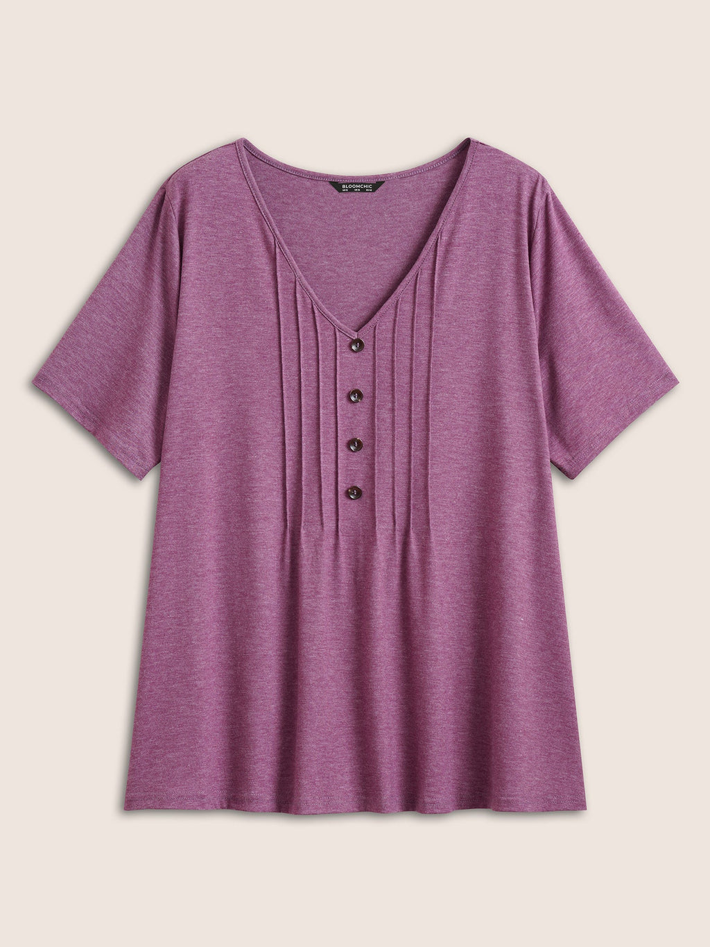 Solid Pleated Front Button Detail V Neck T-shirt