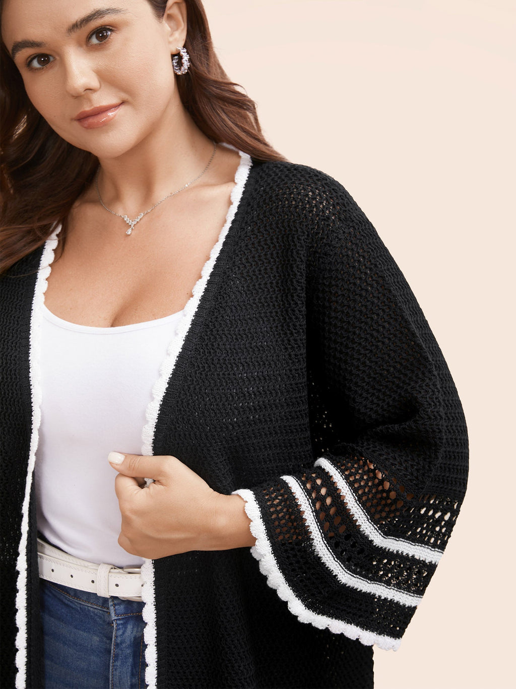Solid Contrast Trim Bell Sleeve Cardigan