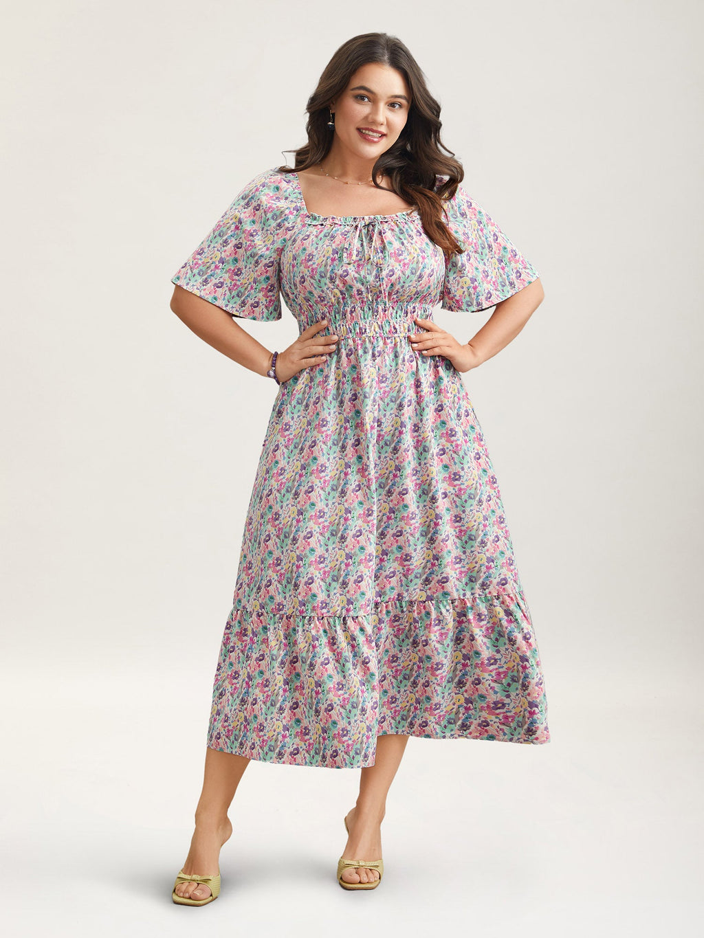 Smocked Waist Floral Ties Tiered Maxi Dress