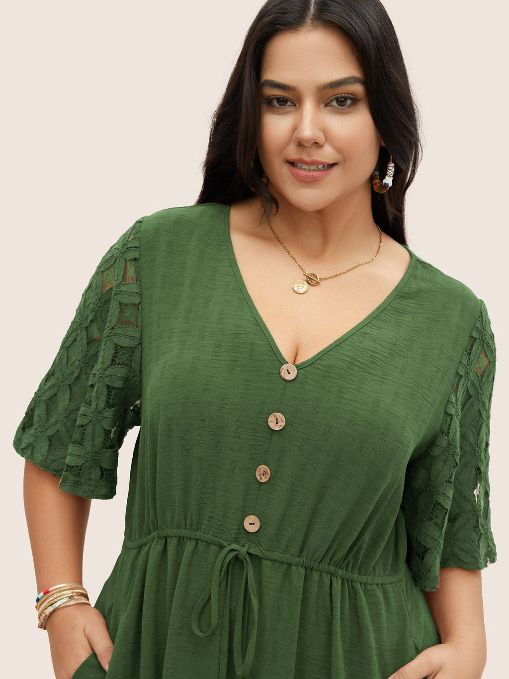 Crochet Lace Mesh Button Detail Drawstring Dress