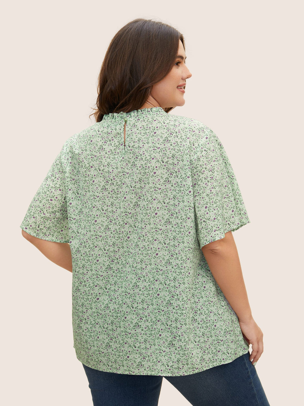 Ditsy Floral Plicated Detail Frill Trim Blouse