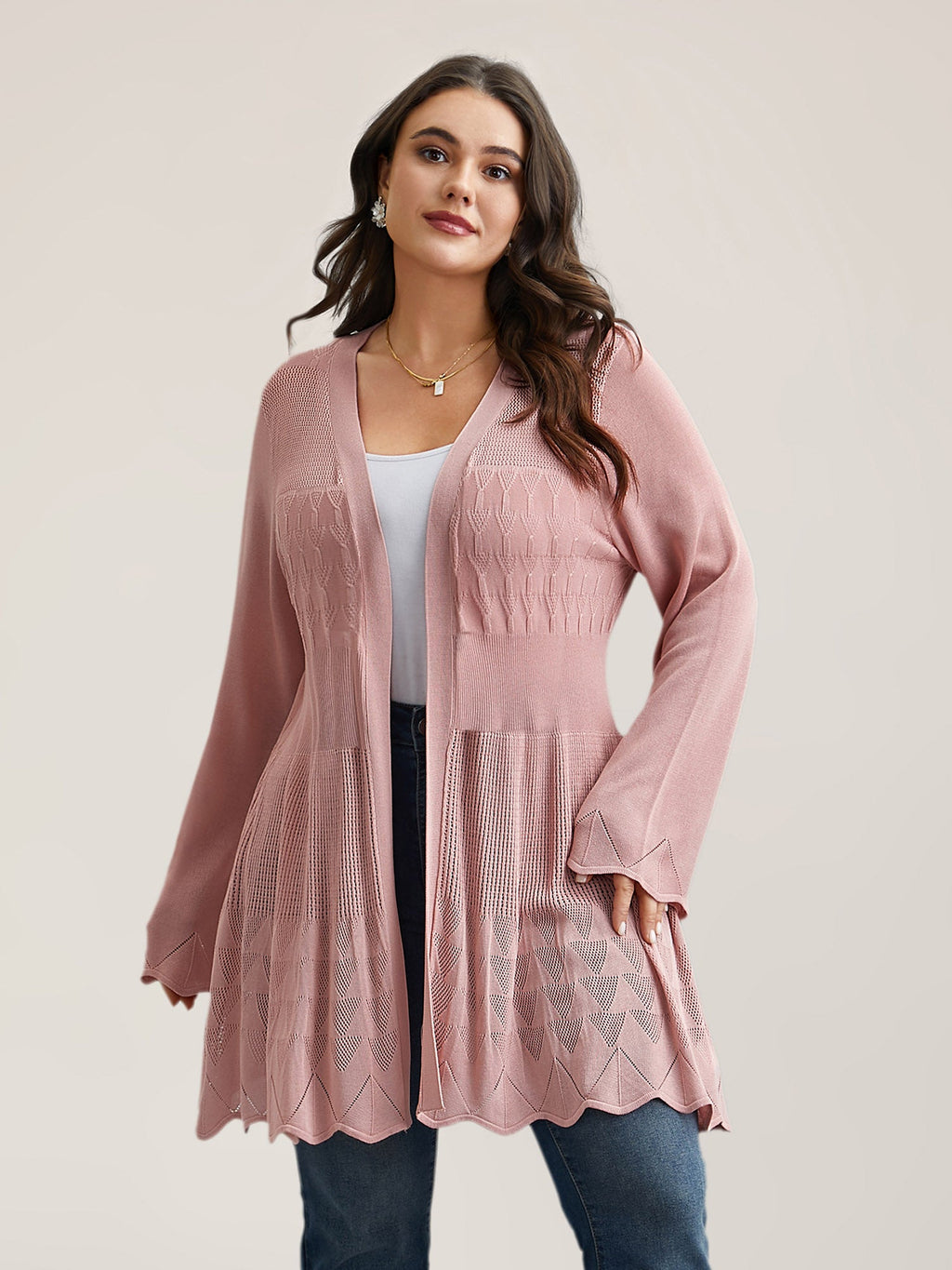 Cut-Out Textured Open-Front Knit Cardigan