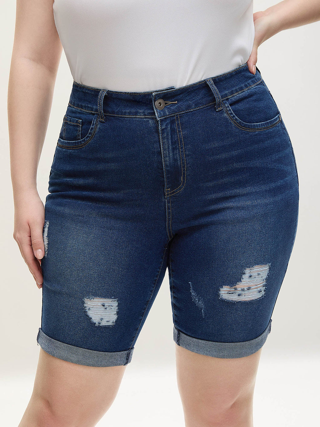 Ripped Straight-Leg Denim Shorts