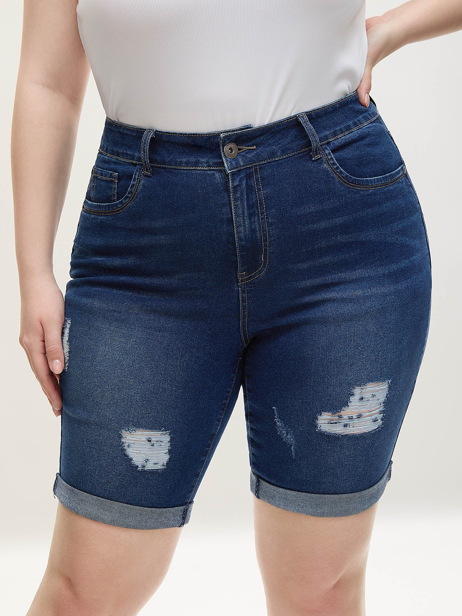 Ripped Straight-Leg Denim Shorts