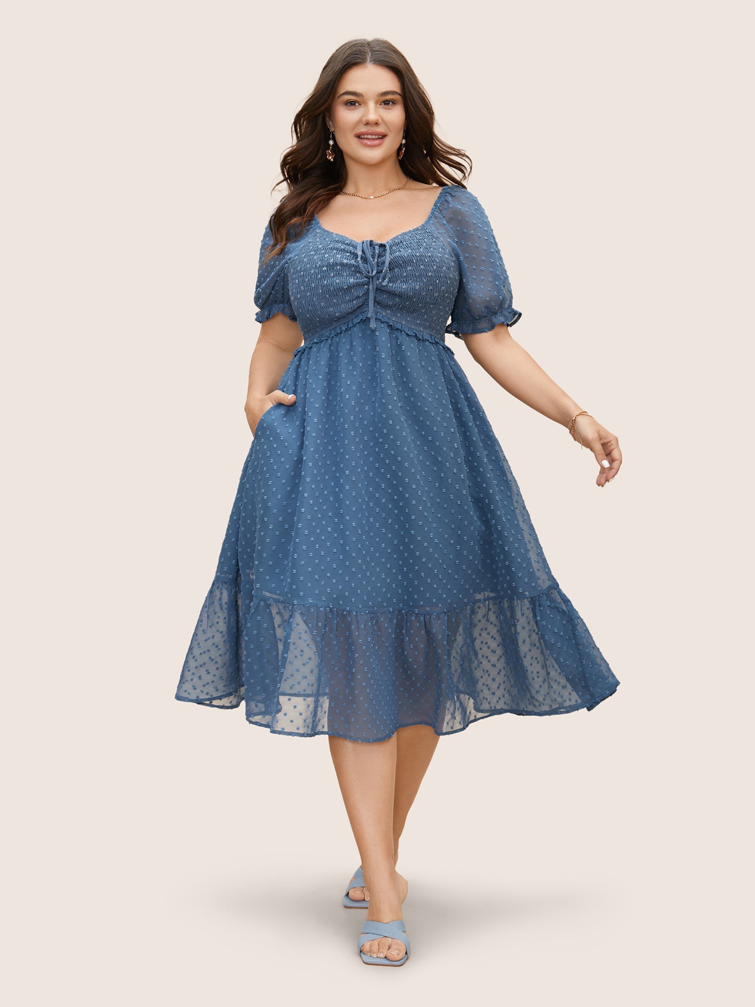 Polka Dot Textured Mesh Shirred Drawstring Dress