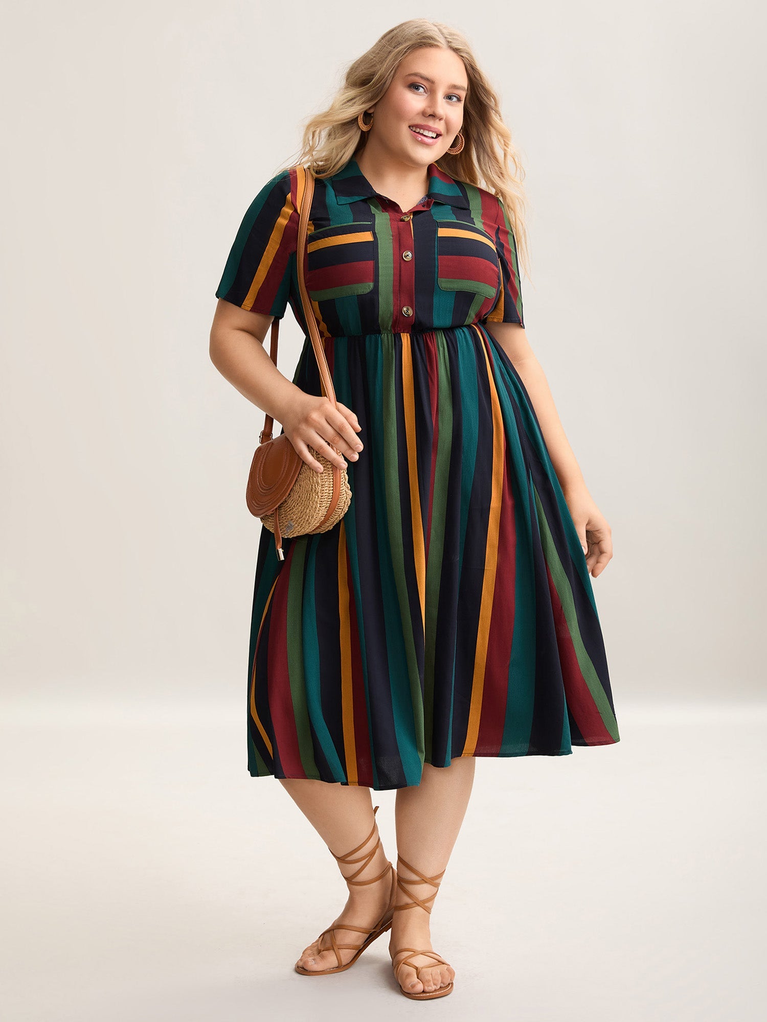 Multi-Color Striped Print Pockets Shirt Dress