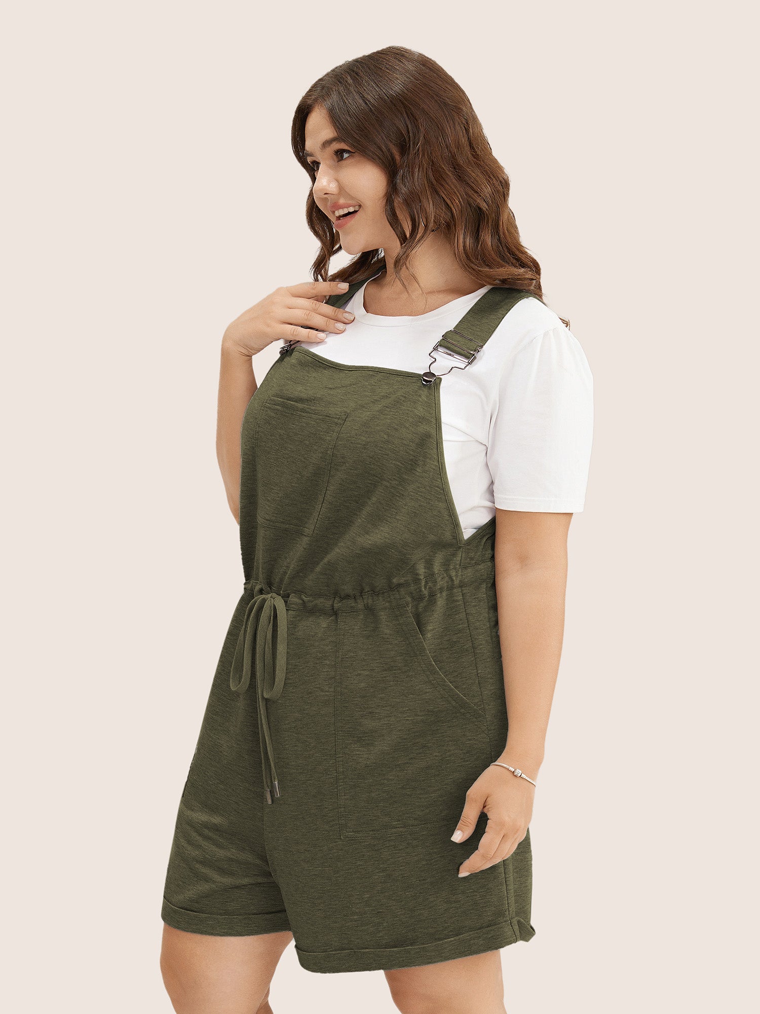 Solid Pocket Drawstring Overall Romper