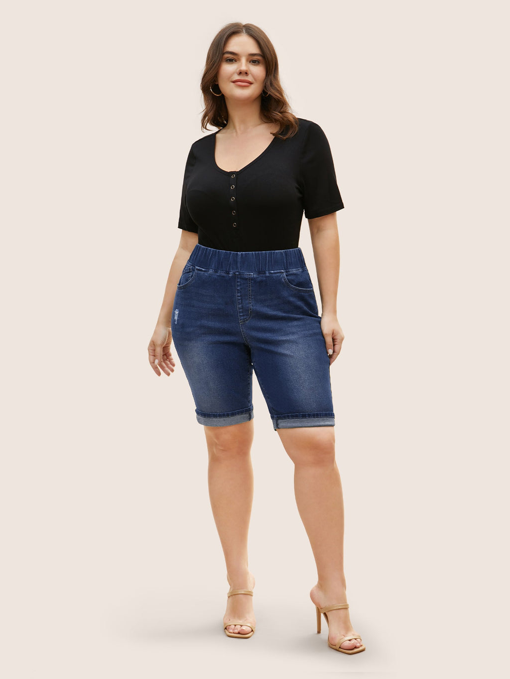 Dark Wash Distressed Roll Hem Denim Shorts