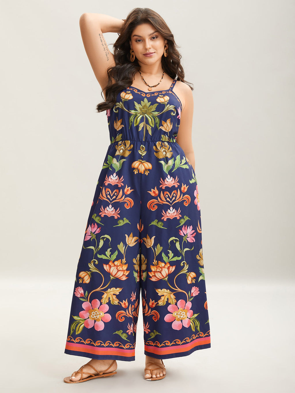 Tropical Flowers Print Pockets Cami Jumpsuit